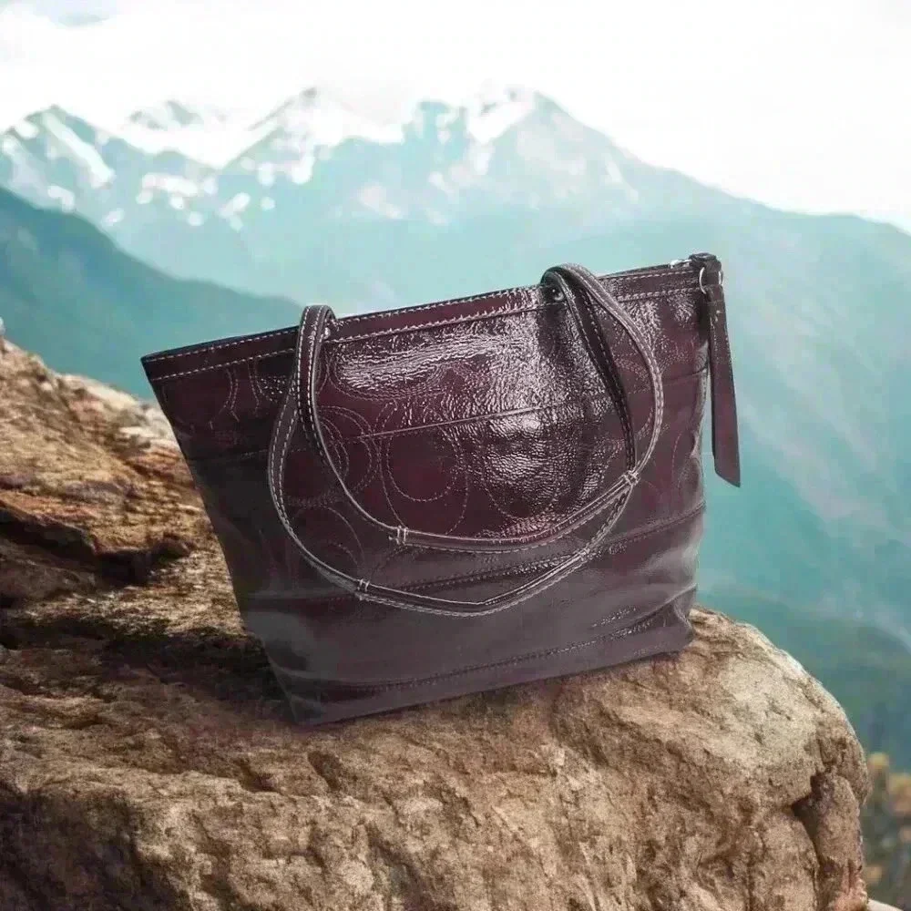 COACH Plum/ Burgundy Signature Patent Leather Tote - Picture 4 of 12